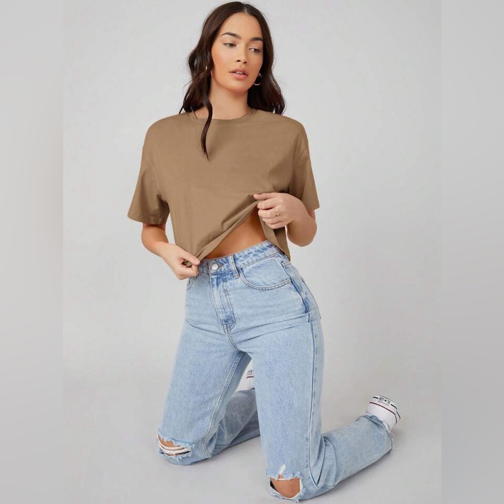 SHEIN Tan Boxy Crop T-Shirt